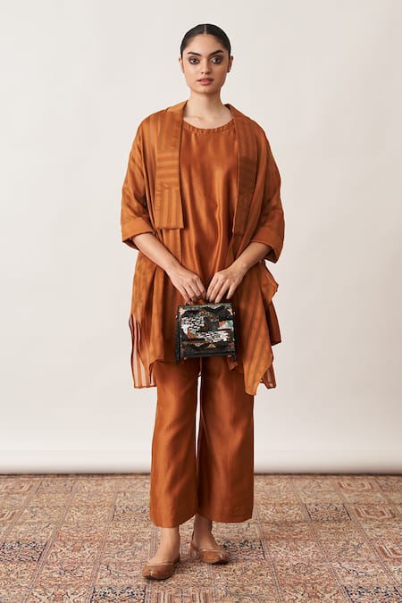 Shop Vaaya Orange Silk Open , Round Striped Jacket And Pant Set at Aza Fashions Shop_Vaaya_Orange Silk Open , Round Striped Jacket And Pant Set _at_Aza_Fashions