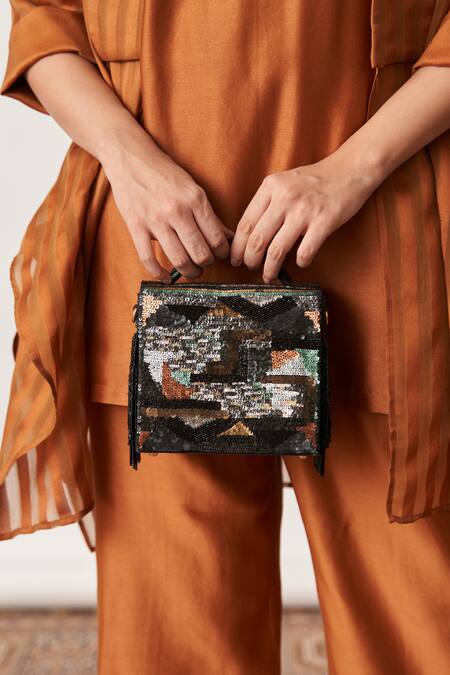 Vaaya Orange Silk Open , Round Striped Jacket And Pant Set Online at Aza Fashions Vaaya_Orange Silk Open , Round Striped Jacket And Pant Set _Online_at_Aza_Fashions