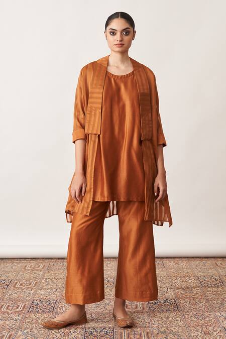 Shop Vaaya Orange Silk Open , Round Striped Jacket And Pant Set Online at Aza Fashions Shop_Vaaya_Orange Silk Open , Round Striped Jacket And Pant Set _Online_at_Aza_Fashions