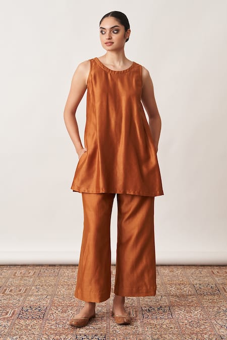 Vaaya Orange Silk Open , Round Striped Jacket And Pant Set at Aza Fashions Vaaya_Orange Silk Open , Round Striped Jacket And Pant Set _at_Aza_Fashions