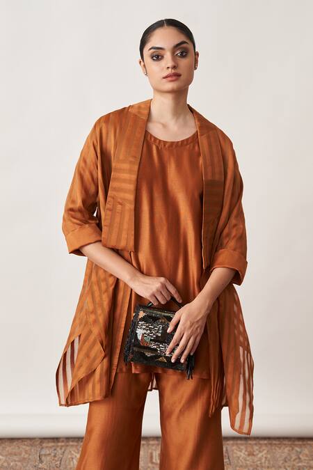 Buy Vaaya Orange Silk Open , Round Striped Jacket And Pant Set Buy_Vaaya_Orange Silk Open , Round Striped Jacket And Pant Set