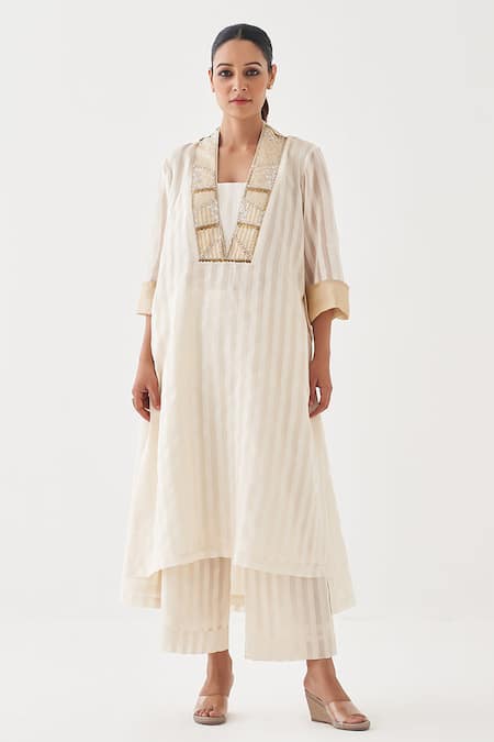 Vaaya Embellished Neckline Striped Kurta With Pant 