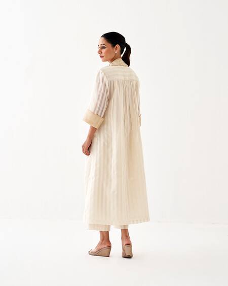 Shop_Vaaya_Off White Handloom Cotton, Chanderi Striped Kurta Set With Embellished Neckline _Online_at_Aza_Fashions