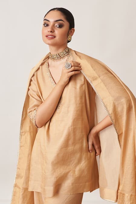 Vaaya_Gold Chanderi Embroidery, Piping V-neck Pitta Short Kurta And Gharara _Online_at_Aza_Fashions