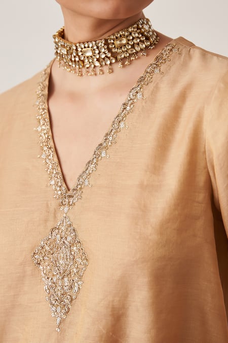 Buy_Vaaya_Gold Chanderi Embroidery, Piping V-neck Pitta Short Kurta And Gharara _Online_at_Aza_Fashions