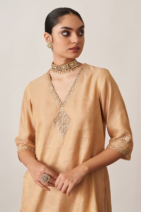Shop_Vaaya_Gold Chanderi Embroidery, Piping V-neck Pitta Short Kurta And Gharara _Online_at_Aza_Fashions