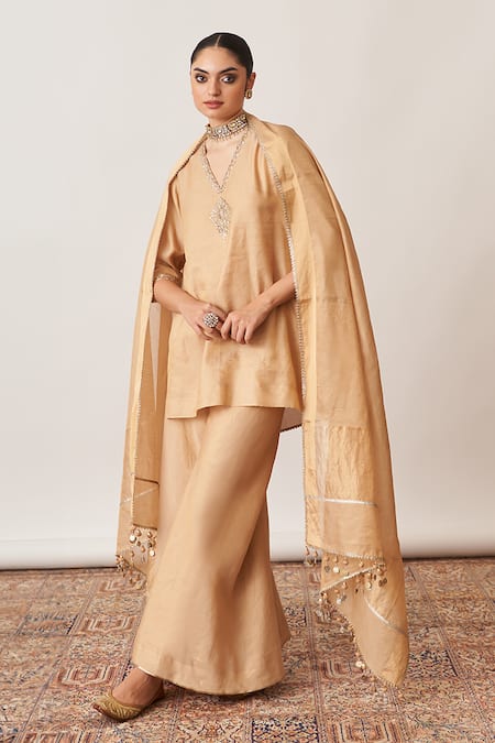 Buy_Vaaya_Gold Chanderi Embroidery, Piping V-neck Pitta Short Kurta And Gharara 