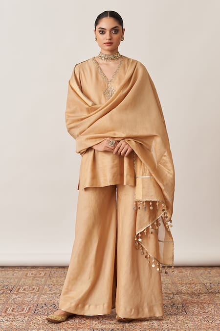 Shop_Vaaya_Gold Chanderi Embroidery, Piping V-neck Pitta Short Kurta And Gharara 