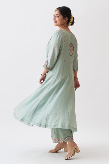 Shop Vaaya Green Chanderi, Silk Embroidery, Gota Patti, Zari Boat Neck Anarkali Set at Aza Fashions Shop_Vaaya_Green Chanderi, Silk Embroidery, Gota Patti, Zari Boat Neck Anarkali Set _at_Aza_Fashions