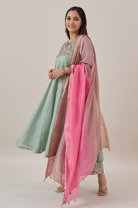 Vaaya Green Chanderi, Silk Embroidery, Gota Patti, Zari Boat Neck Anarkali Set Online at Aza Fashions Vaaya_Green Chanderi, Silk Embroidery, Gota Patti, Zari Boat Neck Anarkali Set _Online_at_Aza_Fashions