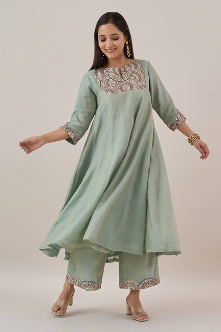 Buy Vaaya Green Chanderi, Silk Embroidery, Gota Patti, Zari Boat Neck Anarkali Set Online at Aza Fashions Buy_Vaaya_Green Chanderi, Silk Embroidery, Gota Patti, Zari Boat Neck Anarkali Set _Online_at_Aza_Fashions