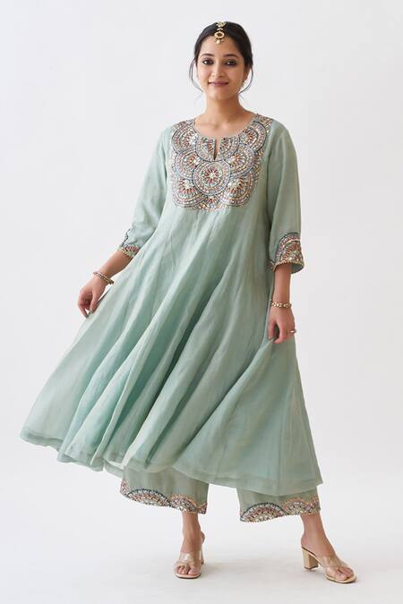 Vaaya Green Chanderi, Silk Embroidery, Gota Patti, Zari Boat Neck Anarkali Set at Aza Fashions Vaaya_Green Chanderi, Silk Embroidery, Gota Patti, Zari Boat Neck Anarkali Set _at_Aza_Fashions