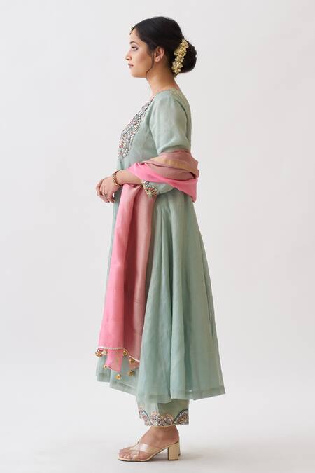 Shop Vaaya Green Chanderi, Silk Embroidery, Gota Patti, Zari Boat Neck Anarkali Set Shop_Vaaya_Green Chanderi, Silk Embroidery, Gota Patti, Zari Boat Neck Anarkali Set