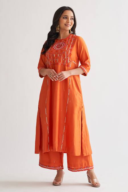 Vaaya_Orange Silk, Embroidery, Tassels Bloom Handwork Kurta Pant Set _Online_at_Aza_Fashions