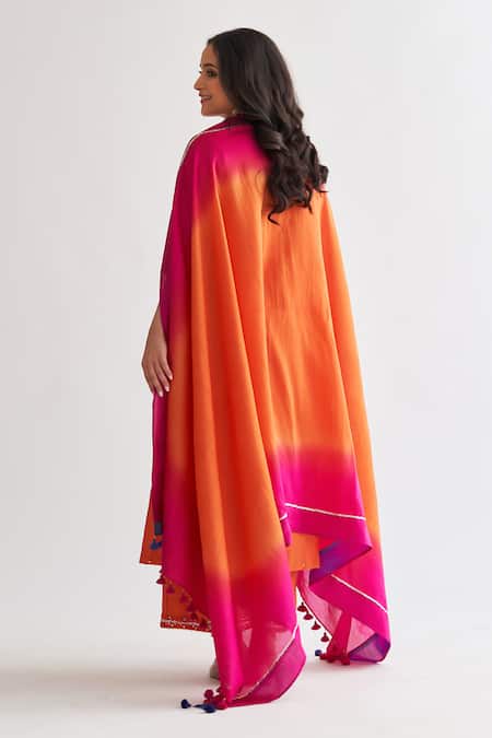 Shop_Vaaya_Orange Silk, Embroidery, Tassels Bloom Handwork Kurta Pant Set _Online_at_Aza_Fashions