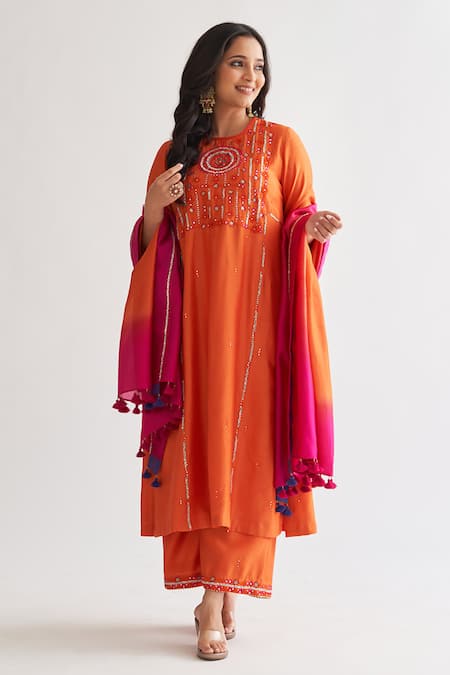 Vaaya_Orange Silk, Embroidery, Tassels Bloom Handwork Kurta Pant Set _at_Aza_Fashions