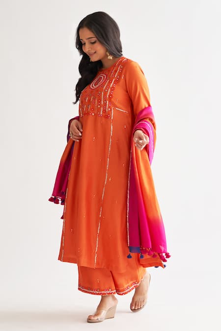 Shop_Vaaya_Orange Silk, Embroidery, Tassels Bloom Handwork Kurta Pant Set 