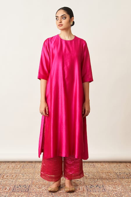 Vaaya_Pink Silk, Chanderi Round Neck Solid Kurta Set With Striped Pant _Online_at_Aza_Fashions