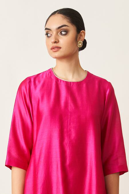 Buy_Vaaya_Pink Silk, Chanderi Round Neck Solid Kurta Set With Striped Pant _Online_at_Aza_Fashions