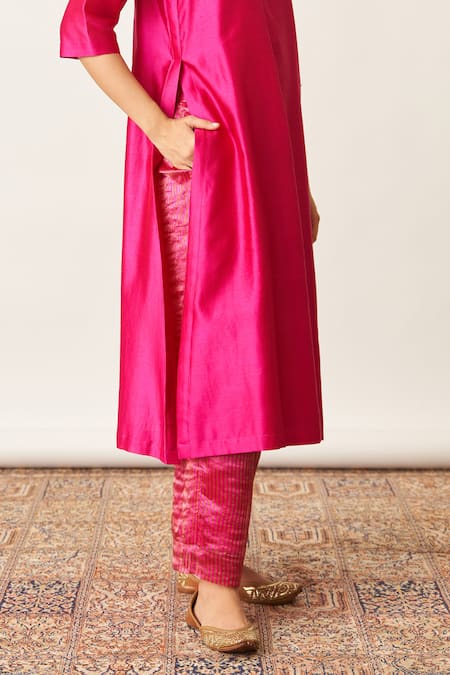 Shop_Vaaya_Pink Silk, Chanderi Round Neck Solid Kurta Set With Striped Pant _Online_at_Aza_Fashions