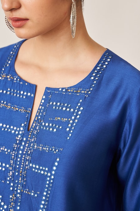 Vaaya_Blue , Silk Sequins, Embroidery Round Neck Yoke Kurta Set _Online_at_Aza_Fashions