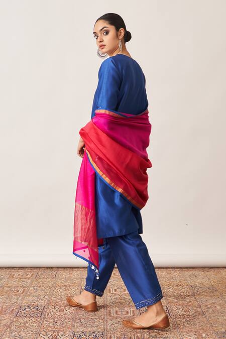 Shop_Vaaya_Blue , Silk Sequins, Embroidery Round Neck Yoke Kurta Set _Online_at_Aza_Fashions