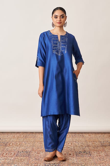 Buy_Vaaya_Blue , Silk Sequins, Embroidery Round Neck Yoke Kurta Set 