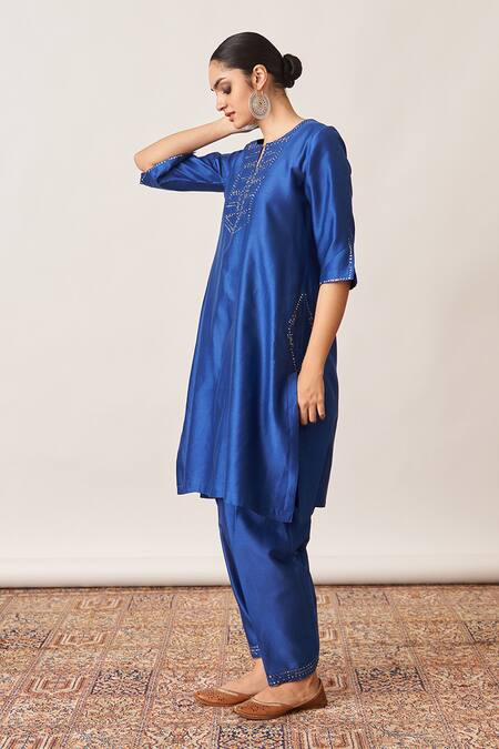 Shop_Vaaya_Blue , Silk Sequins, Embroidery Round Neck Yoke Kurta Set 