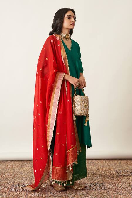 Shop_Vaaya_Red Silk Tassels Sikka Booti Woven Chanderi Dupatta_Online_at_Aza_Fashions