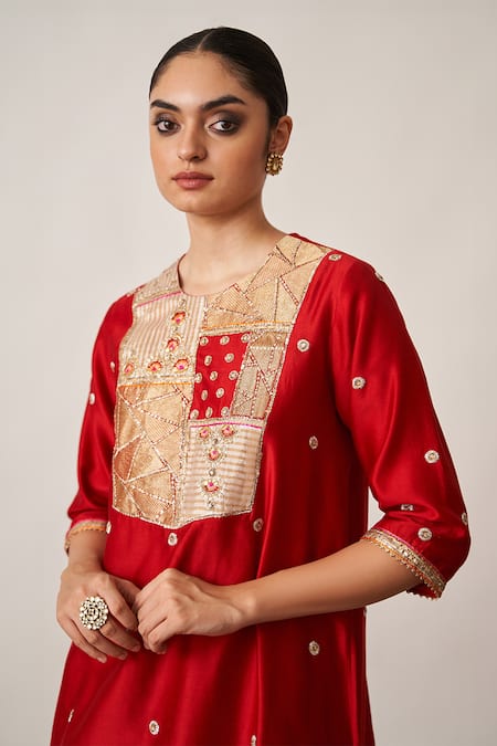 Vaaya_Red Tissue, Silk, Chanderi Embroidery, Tassels Round Neck Banarasi Kurta Set _Online_at_Aza_Fashions