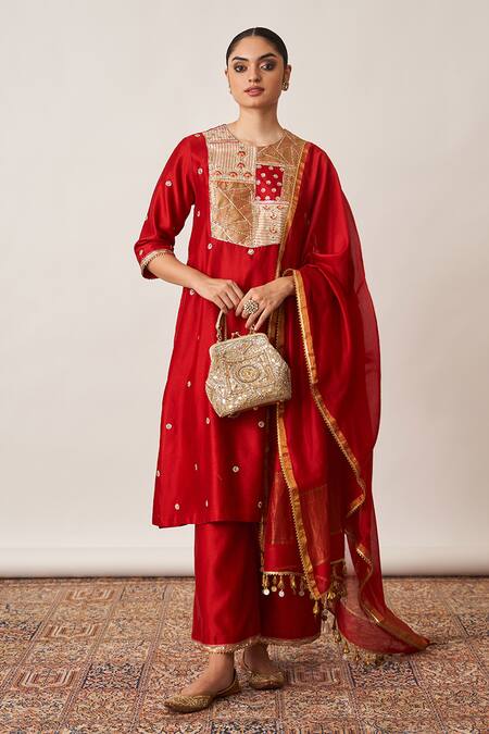 Buy_Vaaya_Red Tissue, Silk, Chanderi Embroidery, Tassels Round Neck Banarasi Kurta Set _Online_at_Aza_Fashions