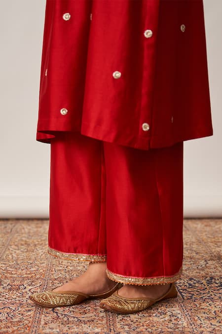 Shop_Vaaya_Red Tissue, Silk, Chanderi Embroidery, Tassels Round Neck Banarasi Kurta Set _Online_at_Aza_Fashions
