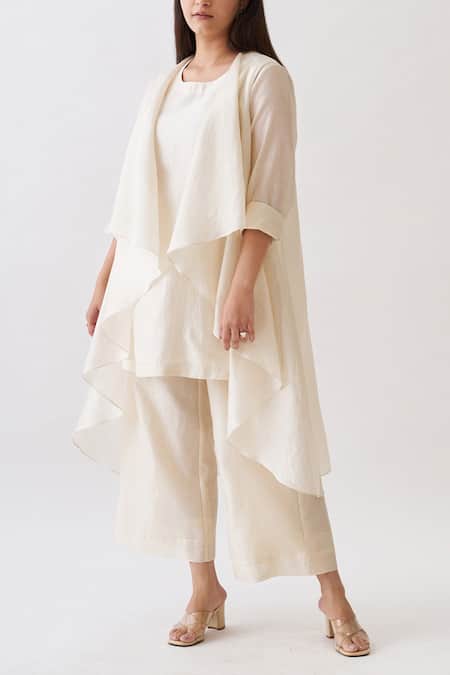 Buy_Vaaya_Off White Chanderi, Silk Round Neck Solid Waterfall Jacket And Pant Set _Online_at_Aza_Fashions