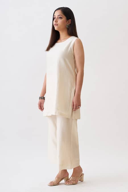 Shop_Vaaya_Off White Chanderi, Silk Round Neck Solid Waterfall Jacket And Pant Set _Online_at_Aza_Fashions