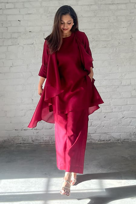 Vaaya_Burgundy Chanderi Round Neck Waterfall Jacket And Pant Set _Online_at_Aza_Fashions