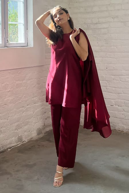 Buy_Vaaya_Burgundy Chanderi Round Neck Waterfall Jacket And Pant Set _Online_at_Aza_Fashions