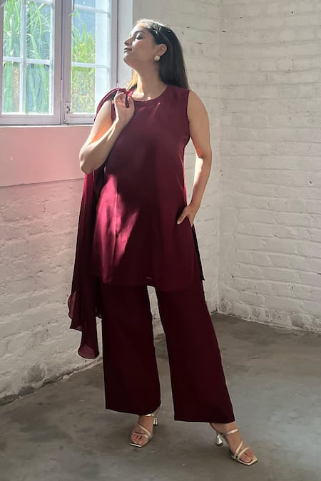 Shop_Vaaya_Burgundy Chanderi Round Neck Waterfall Jacket And Pant Set _Online_at_Aza_Fashions
