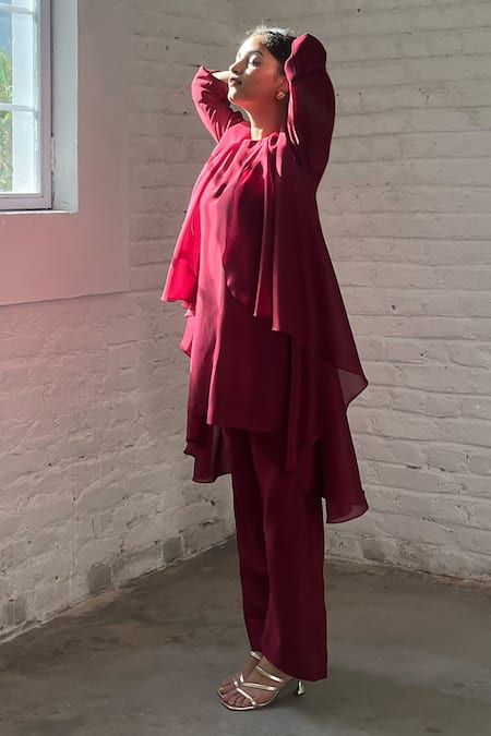 Vaaya_Burgundy Chanderi Round Neck Waterfall Jacket And Pant Set _at_Aza_Fashions