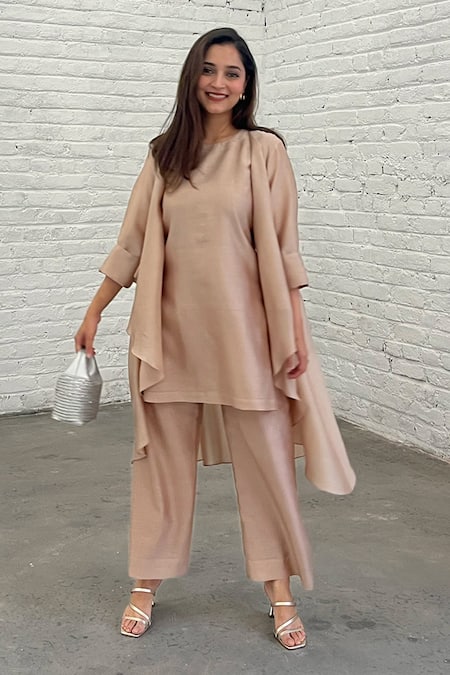 Buy_Vaaya_Beige Silk, Chanderi Round Neck Cascading Waterfall Jacket Set _Online_at_Aza_Fashions