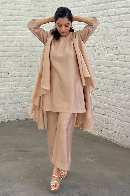 Shop_Vaaya_Beige Silk, Chanderi Round Neck Cascading Waterfall Jacket Set _Online_at_Aza_Fashions