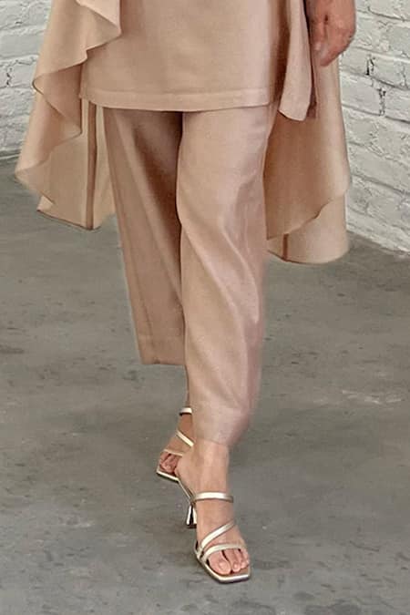 Buy_Vaaya_Beige Silk, Chanderi Round Neck Cascading Waterfall Jacket Set 