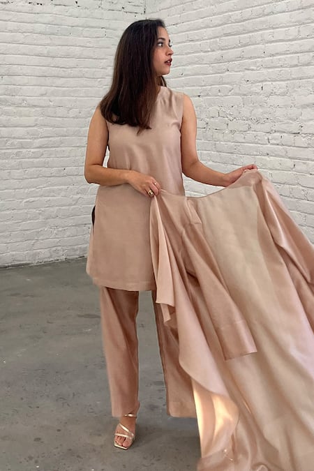 Shop_Vaaya_Beige Silk, Chanderi Round Neck Cascading Waterfall Jacket Set 