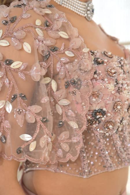 Vridhi Somaani_Pink Georgette, Net Pearls, Stones, Beads Embroidered Cape And Skirt Set _Online_at_Aza_Fashions