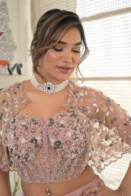 Buy_Vridhi Somaani_Pink Georgette, Net Pearls, Stones, Beads Embroidered Cape And Skirt Set _Online_at_Aza_Fashions