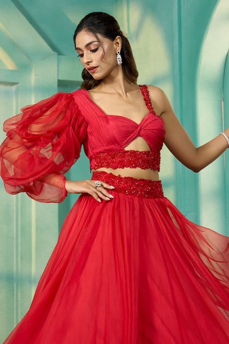 Vridhi Somaani Red Organza, Crepe Cut Work, Beads Sweetheart Embroidered Pleated Lehenga Set Online at Aza Fashions Vridhi Somaani_Red Organza, Crepe Cut Work, Beads Sweetheart Embroidered Pleated Lehenga Set _Online_at_Aza_Fashions