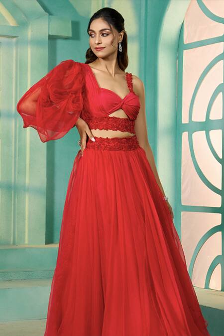 Buy Vridhi Somaani Red Organza, Crepe Cut Work, Beads Sweetheart Embroidered Pleated Lehenga Set Online at Aza Fashions Buy_Vridhi Somaani_Red Organza, Crepe Cut Work, Beads Sweetheart Embroidered Pleated Lehenga Set _Online_at_Aza_Fashions