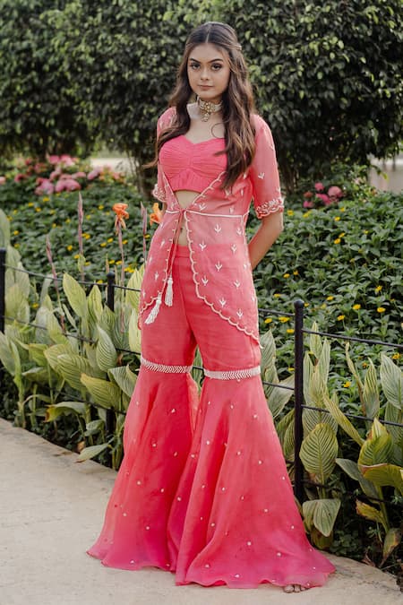 Vridhi Somaani Coral Pearl Embroidered Jacket & Gharara Set 