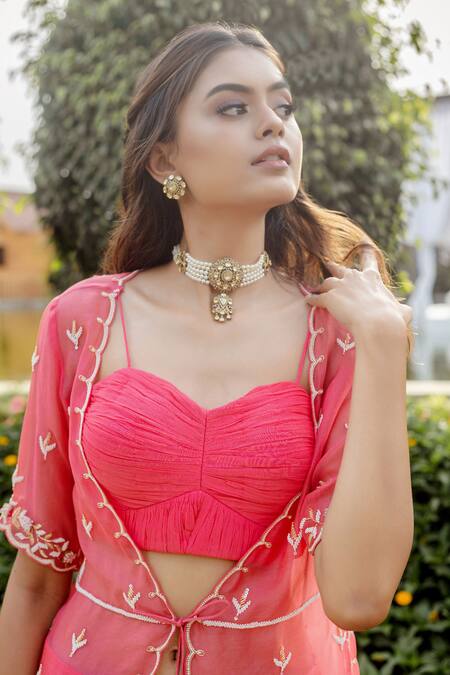 Vridhi Somaani Coral Organza, Georgette Pearls, Embroidery Sweetheart Jacket And Gharara Set Online at Aza Fashions Vridhi Somaani_Coral Organza, Georgette Pearls, Embroidery Sweetheart Jacket And Gharara Set _Online_at_Aza_Fashions