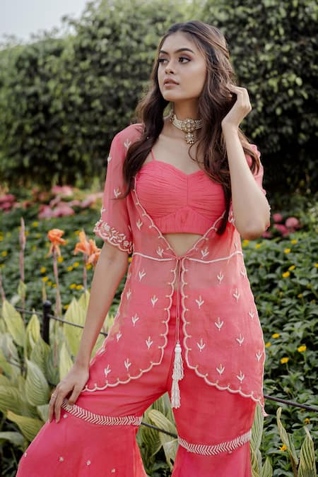 Vridhi Somaani Coral Organza, Georgette Pearls, Embroidery Sweetheart Jacket And Gharara Set at Aza Fashions Vridhi Somaani_Coral Organza, Georgette Pearls, Embroidery Sweetheart Jacket And Gharara Set _at_Aza_Fashions