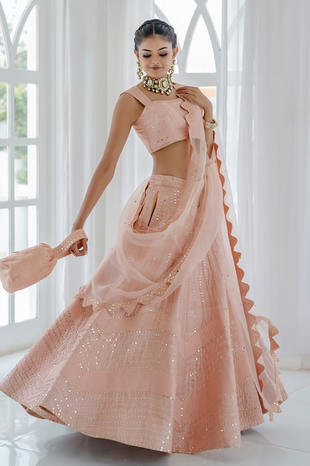 VRIDHI SOMAANI Peach Mirror Embroidered Lehenga Set 